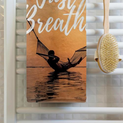 3dRose 15x22 Hand Towel - Image of Man Laying in a Hammock with The Words just Breathe Sutandre- Inspirational Quote