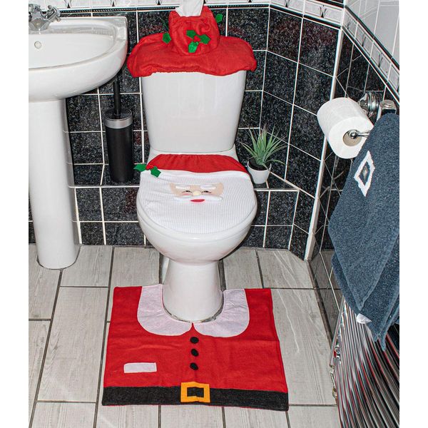 Santa Claus Bath Mat Toilet Seat Cover, 3pcs Christmas Decorations Novelty Lid Seat Cover Water Tank Non-Slip Rug Warmer Toilet Cushion Bathroom Set Decoration Christmas Party