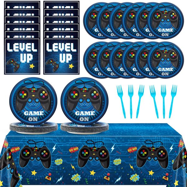 gisgfim Video Game Party Supplies Tableware Set for 20 Guests Gaming Party Birthday Plates Blue Gamer Party Decorations Includes 7inch Plates, Napkins, Tablecloth