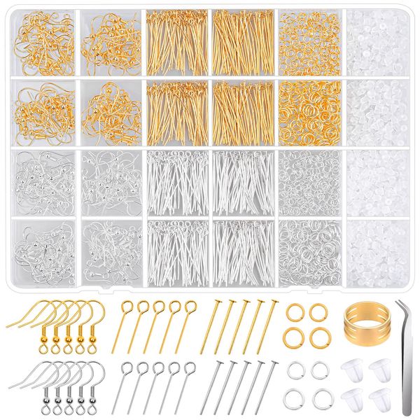 Hypoallergenic Earring Making Kit, modacraft 2000Pcs Earring Making Supplies Kit with Hypoallergenic Hooks, Earring Findings, Backs, Pins Jump Rings for Jewelry Making Supplies