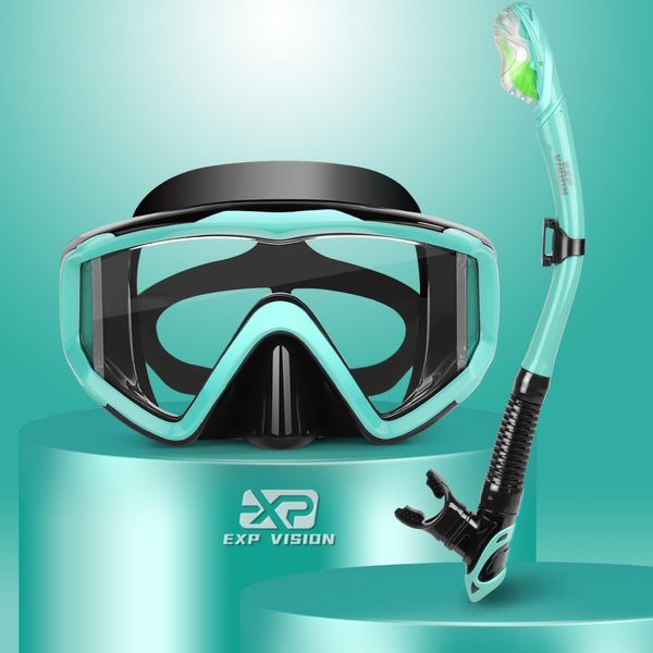 Dry Snorkel Set, Pano 3 Window Snorkel Mask, Anti-Fog Diving Goggles and Snorkel, Professional Snorkel Equipment for Adults (A-Black) (Aqua)