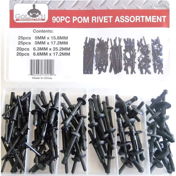 90pc GOLIATH INDUSTRIAL POM RIVET ASSORTMENT POLYOXYMETHYLENE POP PLASTIC PRA90