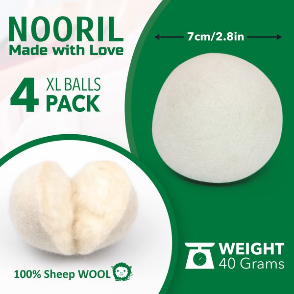 Nooril Tumble Dryer Balls Pack of 4 - Handmade Reusable Organic Wool Laundry Balls for Fabric Softening, Reduce Drying Time, Noise, Static-Cling & Wrinkles with No Bad Odor…