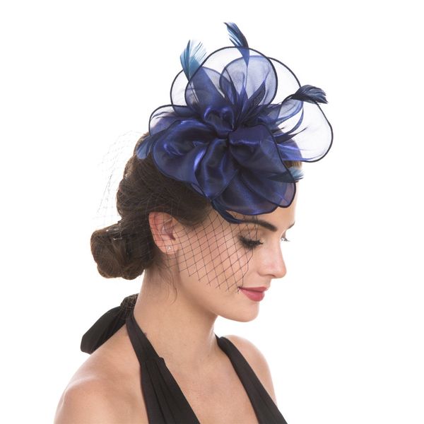 Fascinator Hat Feather Mesh Net Veil Party Hat Ascot Hats Flower Derby Hat with Clip and Hairband for Women (A2-Floral Mesh Navy)