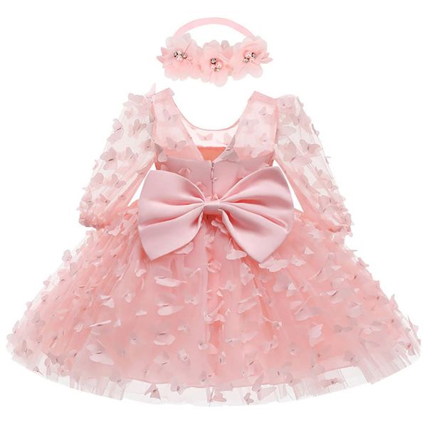 Baby Flower Girl Dress Toddler Wedding Birthday Party Cake Smash Baptism Christening Holiay Valentine's Day Bowknot Mesh Tulle Sheer Long Sleeve Dresses Pink 18 Months