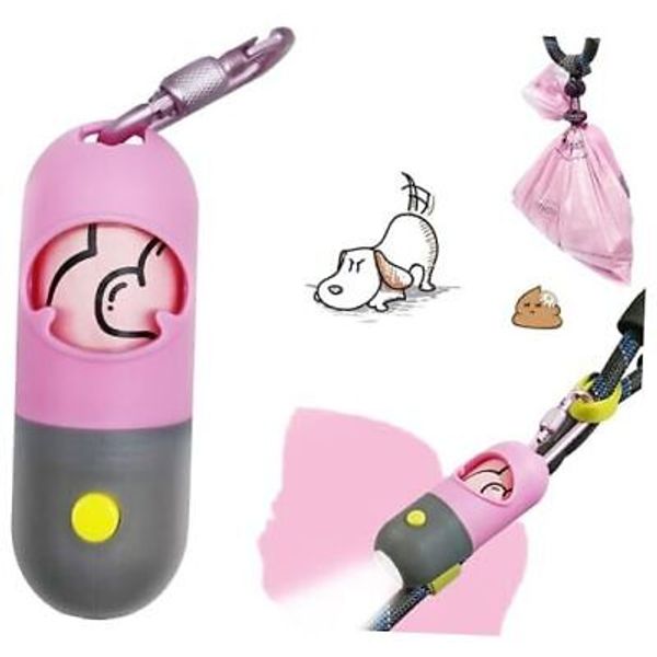 Dog Poop Bag Dispenser with Flashlight|Dog Poop Bag Holder with Leash Pink