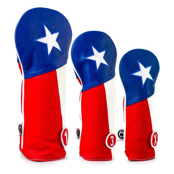 Pins & Aces Texas Golf Club Head Cover Set - Premium, Hand-Made Leather Lone Star Design Headcovers - TX Pride Styled, Tour Quality Golf Club Covers - Style and Customize Your Golf Bag