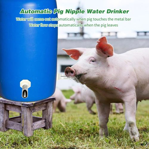 Lonepetu 4 Pcs Pig Waterer Nipples for Barrel Kit, Stainless Steel Pig Nipple Water Drinker Feeder, Automatic Hog Waterer Nipples Water System with Tank Connector Kit for Piglets Goat