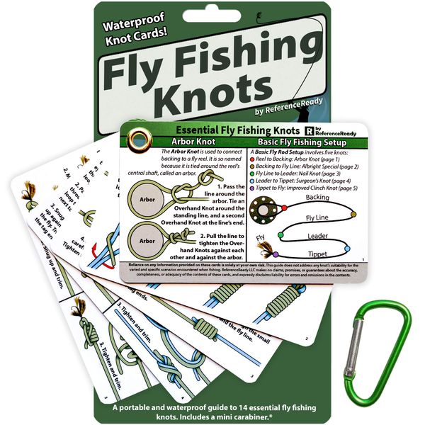 ReferenceReady Fly Fishing Knot Cards - Waterproof Guide to 14 Essential Knots - Includes Mini Carabiner