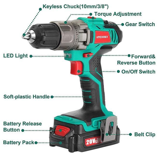 Cordless Drill Driver 20V, HYCHIKA Power Drill Set 330 In-lb Torque,1500  RPM,2.0Ah Li-Ion Battery, 1H Fast Charger, 21+1 Clutch, 2 Variable Speed 