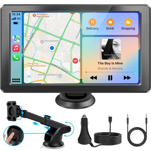 Portable Apple Carplay Screen for Car, 7" HD Car Stereo Touchscreen with Wireless CarPlay & Android Auto, Mirror Link, Bluetooth, Voice Control, Memory Card Playback, AUX - Fits All Vehicles