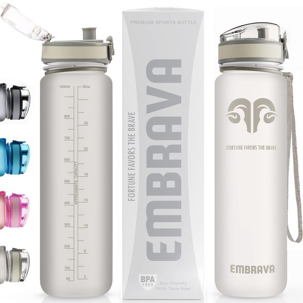 Embrava Best Sports Water Bottle - 32oz Large - Fast Flow, Flip Top Leak Proof Lid w/One Click Open - Non-Toxic BPA Free & Eco-Friendly Plastic - For Men & Women