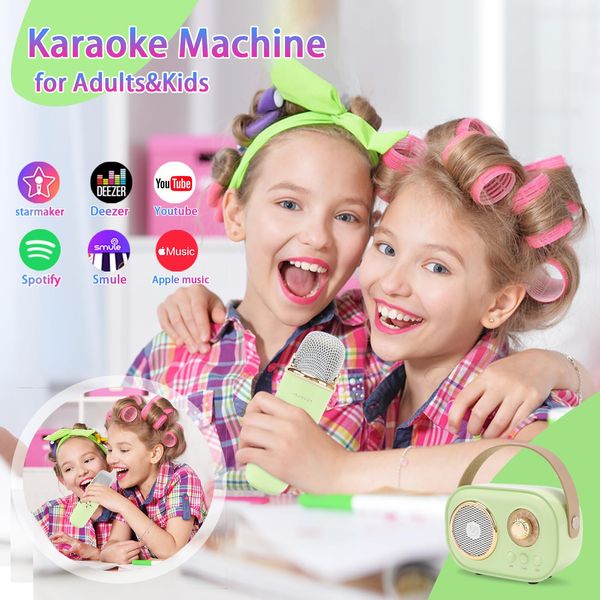 Aresrora Mini Karaoke Machine for Kids,Portable Bluetooth Speaker with 2 Wireless Microphone,Toys for Girls Boys Gifts,Retro Speaker Set Stereo Sound Enhanced Bass for Home Party Birthday (Green)