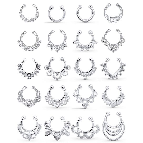 SCERRING Fake Septum Nose Hoop Rings Clear CZ Faux Non Pierced Clicker Hanger Nose Septum Ring Clip On Body Piercing Jewelry 20PCS Silver