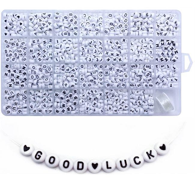 Amaney 1400 Pieces Letter Beads A-Z and Elastic Line Heart Beads 4x7mm White Round Acrylic Alphabet for Jewelry Making Bracelets Necklaces Key Chains