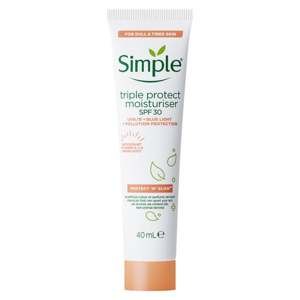 Simple Protect 'N' Glow Triple Protect Moisturiser SPF 30 3x protection against UVA & UVB rays, blue light and pollution all-day hydrating face cream, 40 ml