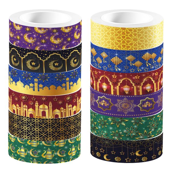 CC HOME Ramadan Washi Tape 12 Rollen, 15mm Ramadan Washi Tape Set, Masking Tape Dekorative Papieraufkleber zum Verpacken von Geschenken, DIY Kunst Handwerk