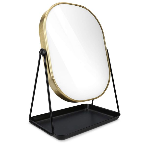 Navaris Vanity Mirror with Tray - Table Top Mirror with Metal Stand and Storage - 7" x 9" Mirror Size - For Makeup, Tabletop, Desk - Gold Finish