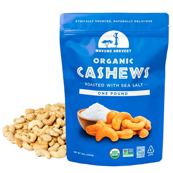 Mavuno Harvest Organic Roasted Cashews with Sea Salt | Dry Roasted Whole Cashew Nuts | Vegan, Non GMO Healthy Snacks for Kids and Adults | Office Friendly Work Snack | 16 Ounce, Pack of 1