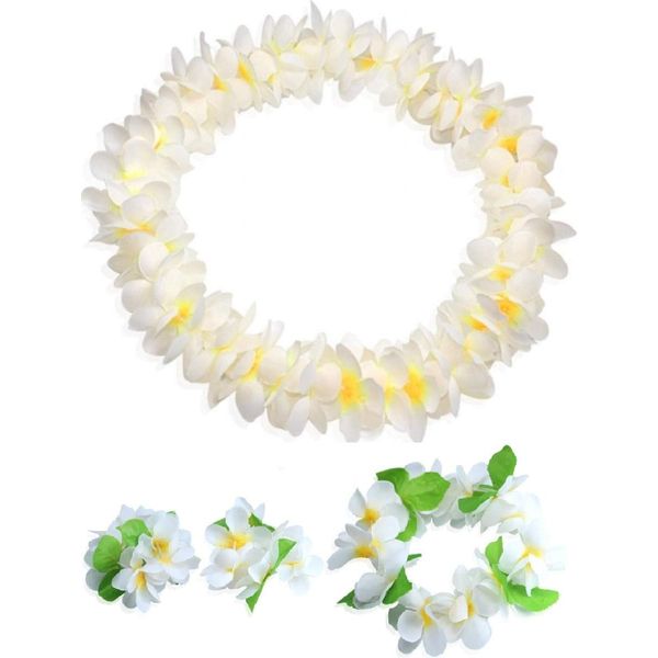 CISMARK Hawaiian Flower Leis Jumbo Necklace Bracelets Headband Set White