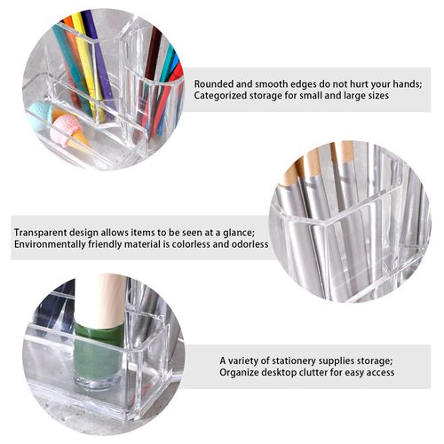 Acrylic Pen Holder Clear Pencil Pot, Pen Holder for Desk Accessories, Makeup Brush Holder 3 Compartments, Makeup Organiser Pen Pot Stationery Storage Organiser for Office School Home Supplies