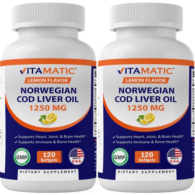 2 Pack - Vitamatic Norwegian Cod Liver Oil 1250mg 240 Softgels (Lemon Flavor)