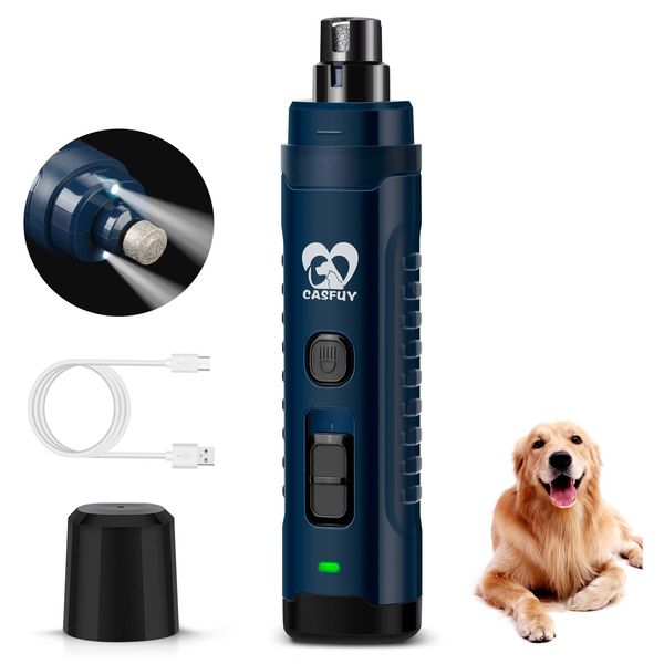 Casfuy Dog Nail Grinder with 2 LED Light for Large Medium Small Dogs - 3X More Powerful 2-Speed Electric Pet Nail Trimmer Rechargeable Quiet Painless Paws Grooming & Smoothing Tool (Dark Blue)