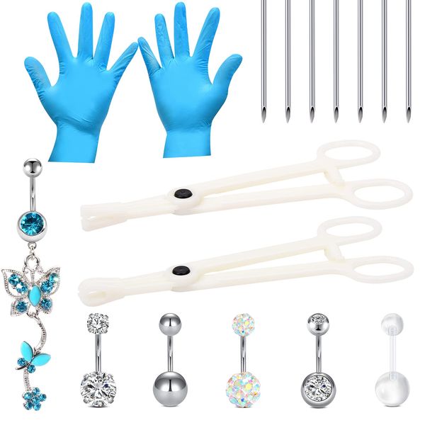 16PCS Belly Button Piercing Kit,14G Body Piercing Needles and Disposable Piercing Clamps Set for 316L Surgical Stainless Steel Silver Belly Button Ring Navel Piercing