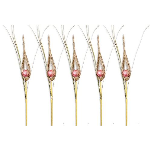 5 Pack 20" Champagne Peacock Feather Glitter Pick Spray with Pink Feather