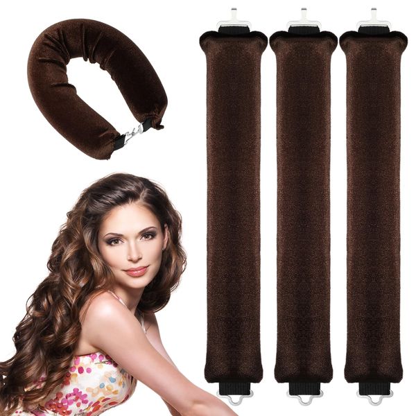 Andibro 3 Pack Heatless Hair Curler, Overnight Heatless Curls Blowout Rods Headband Soft DIY Wave Hair Rollers, Flexi Rods with Hook No Heat Curls to Sleep Styling Tool for Most Hair Types(brown)