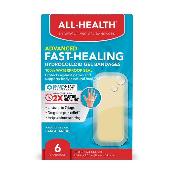 All Health Advanced Fast Healing Hydrocolloid Gel Bandages, Large, 6 ct | 2X Faster Healing for First Aid Blisters or Wound Care