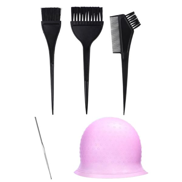 DULSPUE strähnchenhaube, strähnenhaube,strähnenfolie, blondierungspulver Set, strähnchen Set,Färben Haarekappe mit Hair Hook Und Haarfärbe-Pinsel,für Frauen Mädchen Färben von Haaren（Rosa）