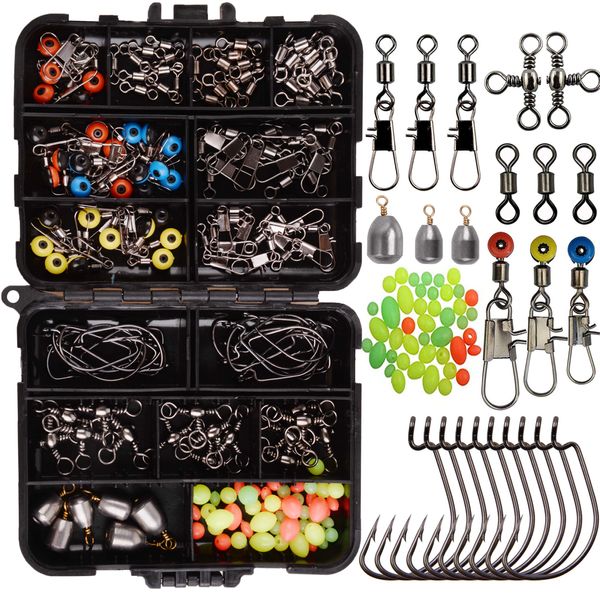 JSHANMEI 160pcs/box Fishing Accessories Kit, Including Jig Worm Hooks, Iron-Weights, Rolling Barrel Fishing Swivels Snaps, Sinker Slides, Fishing Line Beads, Fishing Gear Set with Tackle Box