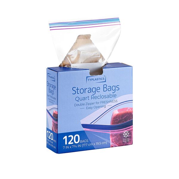 TYPLASTICS Freezer Bags, Double Zipper Bags, Frozen Food Storage Bags, Medium Size, 120 Pieces, Hard to Open, Reusable (7.0 x 7.7 inches (17.7 x 19.5 cm)