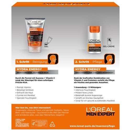 L'Oréal Men Expert Tired Skin Care Set for Men, Gift Set with Wash Gel and Face Cream 24H Anti-Fatigue, Gifts for Men with Vitamin C, Hydra Energy, 1 x 100 ml, 1 x 50 ml