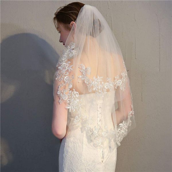 Ursumy Wedding Lace Veil Short Sparkle Waist Veils 2 Tier Soft Tulle Bridal Veils with Comb (White)