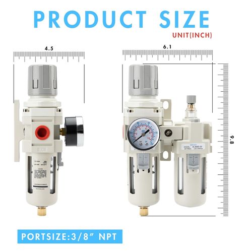 EBEIZZI 3/8" NPT Compressed Air Filter| Regulator Lubricator Combo |Water/Oil Trap Separator |Gauge(0-150 psi) | Poly Bowl | Semi-Auto Drain | Bracket - 3 in 1 Two Unit