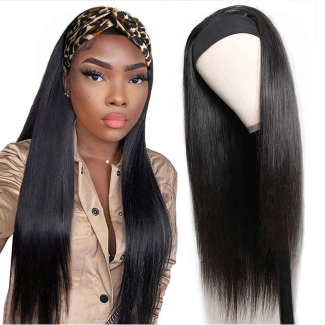 Ubetta Headband Wigs Human Hair for Black Women, Glueless None Lace Front Wigs with Headband Attached, Straight Ice Silk Headband Half Wigs Machine Made for Beginners 150% Density 20 Inch