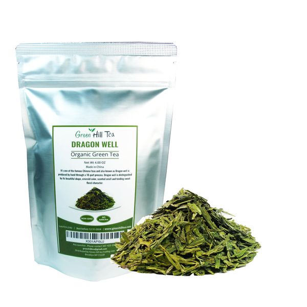 Organic Dragon Well, a classic Chinese Green tea distinguished by its color, shape and taste- 4 OZ Bag