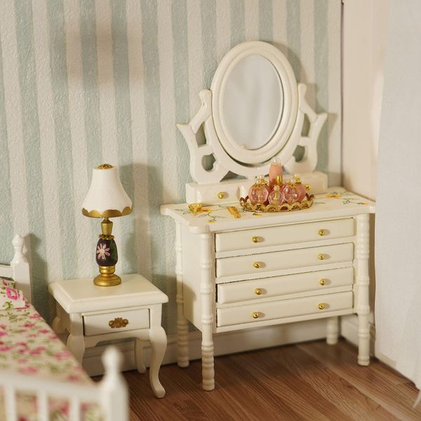 Miniature Dollhouse Vanity Table 1 12 Furniture Makeup Dressing Table with Mirror and 4 Drawers Mini House Accessories Bedroom Living Room Scene Decoration (White)