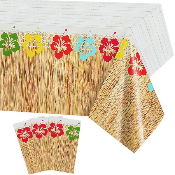 PHOGARY 3 Pieces Hawaiian Luau Party Tablecloth Grass Skirt Tablecloths Wood Grain Flowers Plastic Table Covers Waterproof Table Cloth for Hawaii Luau Party Table Decoration Supplies, 51 x 86 inches