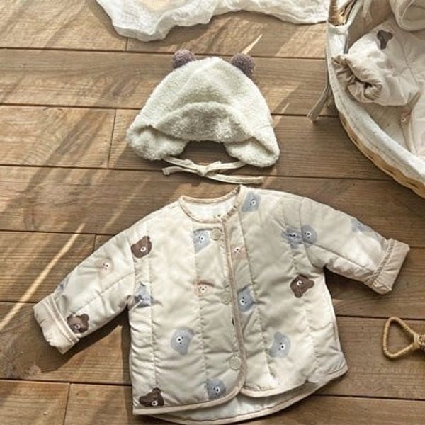 Baby Bear Print Pattern Quilted Warm Coat & Jumpsuit - 66 (3-6M) / White / Coat