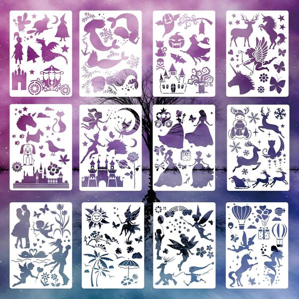Pack of 12 Painting Silhouette Stencil Drawing Template Quick Drawing Stencil Art Templates DIY Drawing Template Graffiti Stencil for Adults and Children (29 x 21 cm)