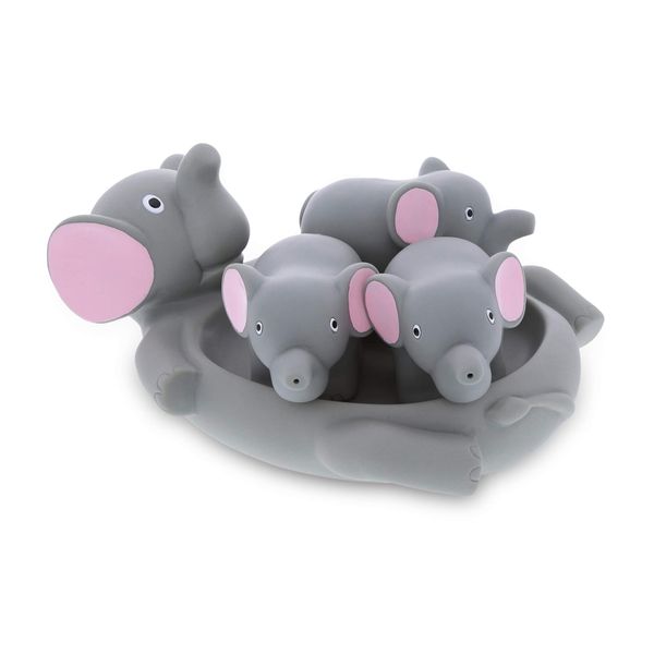 DolliBu Elephant Family Animal Bath Squirters 4 Piece Bath Toy Set, Children Bath Toys for Bathtime & Water Fun, Girls & Boys Floating Rubber Squirt Toys, Pool Toys for Kids - Gray Elephant