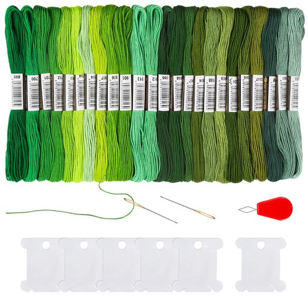 Pllieay 24 Skeins Friendship Bracelets Floss, Green Gradient Embroidery Floss, Cross Stitch Threads with 6 Floss Bobbins, 2 Embroidery Needles and 1 Needle Threader for Cross Stitch Project