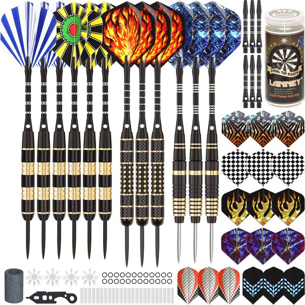 LANNEY Darts Metal Tip, Steel Tip Darts Set 20 Grams, 24 Grams and 26 Grams Professional Darts for Dartboard with Aluminum Shafts, Brass Barrels, Extra Flights, Sharpener Tool Kit, Carrying Case