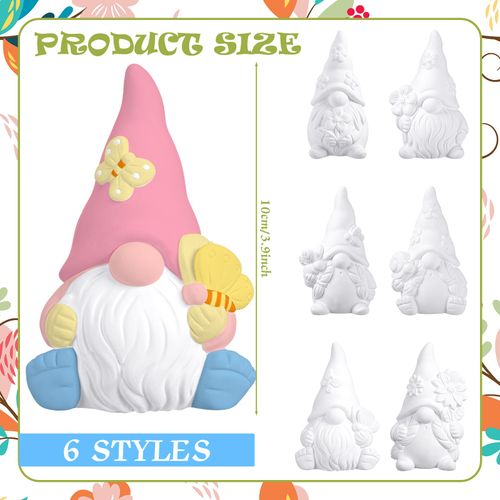 Poen 6 Sets Ready to Paint Your Own Ceramic Gnome Statues Spring DIY Unpainted Ceramics Gnome Figurines Kit Drawing Figurines DIY Art and Craft with Brush Palette Paint for Adult