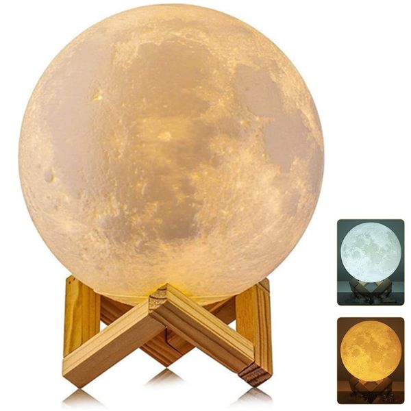 AGM Moon Lamp, Dimmable LED Moon Light 3D Printing 2 Colors Remote & Touch Control 15cm Night Mood Light with Wooden Holder for Children's Room Bedroom Cafe Bar Dining Room