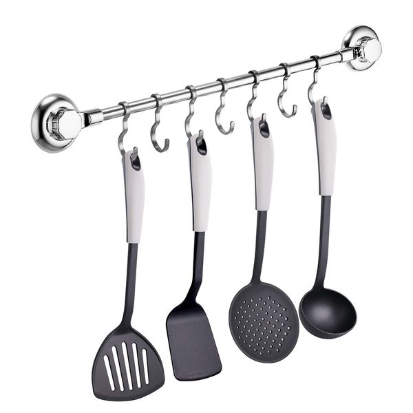 MaxHold Kitchen Tool Hooks, Towel Bar Stainless Steel, Super Strong Suction Cup with 7 Movable Hooks, Bathroom & Kitchen Storage..