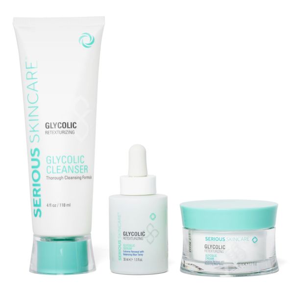 Serious Skincare Glycolic Skin Renewal Kit - Retexturizing Serum - Facial Moisture Cream - Face Wash Cleanser - Balancing Blue Tansy Extract - Improve Appearance of Lines, Wrinkles and Enlarged Pores